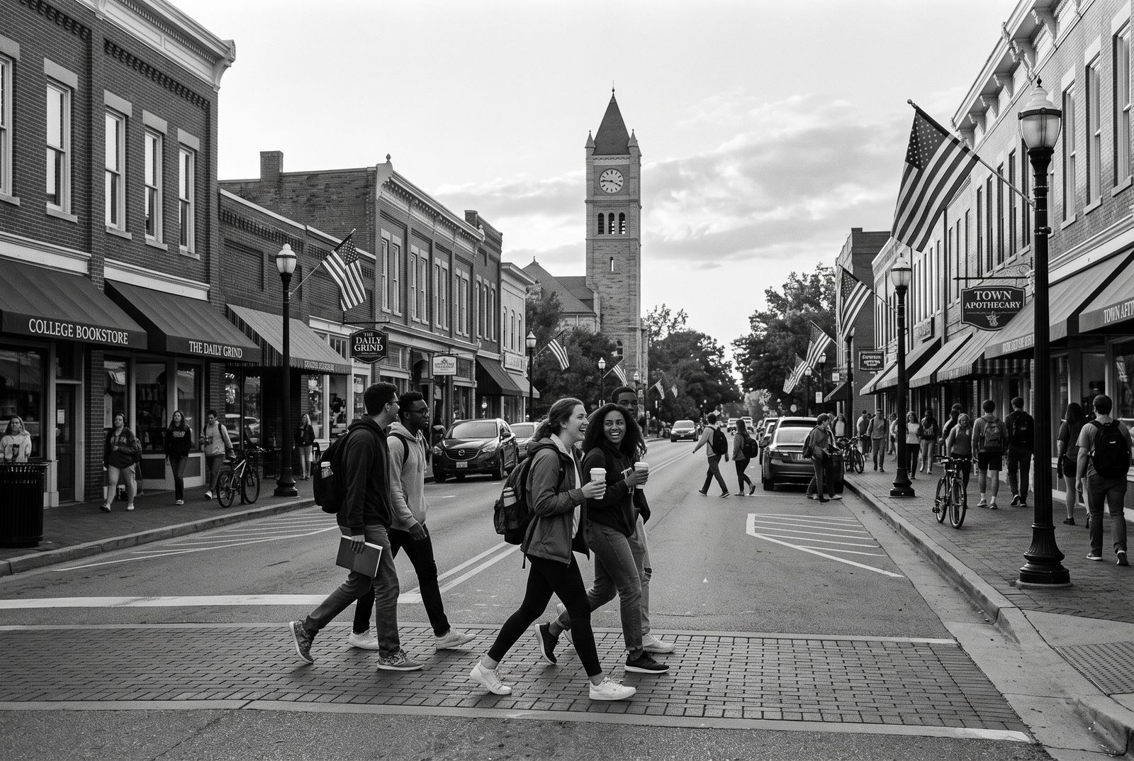 Montevallo's brick main street with shops and the university clock tower