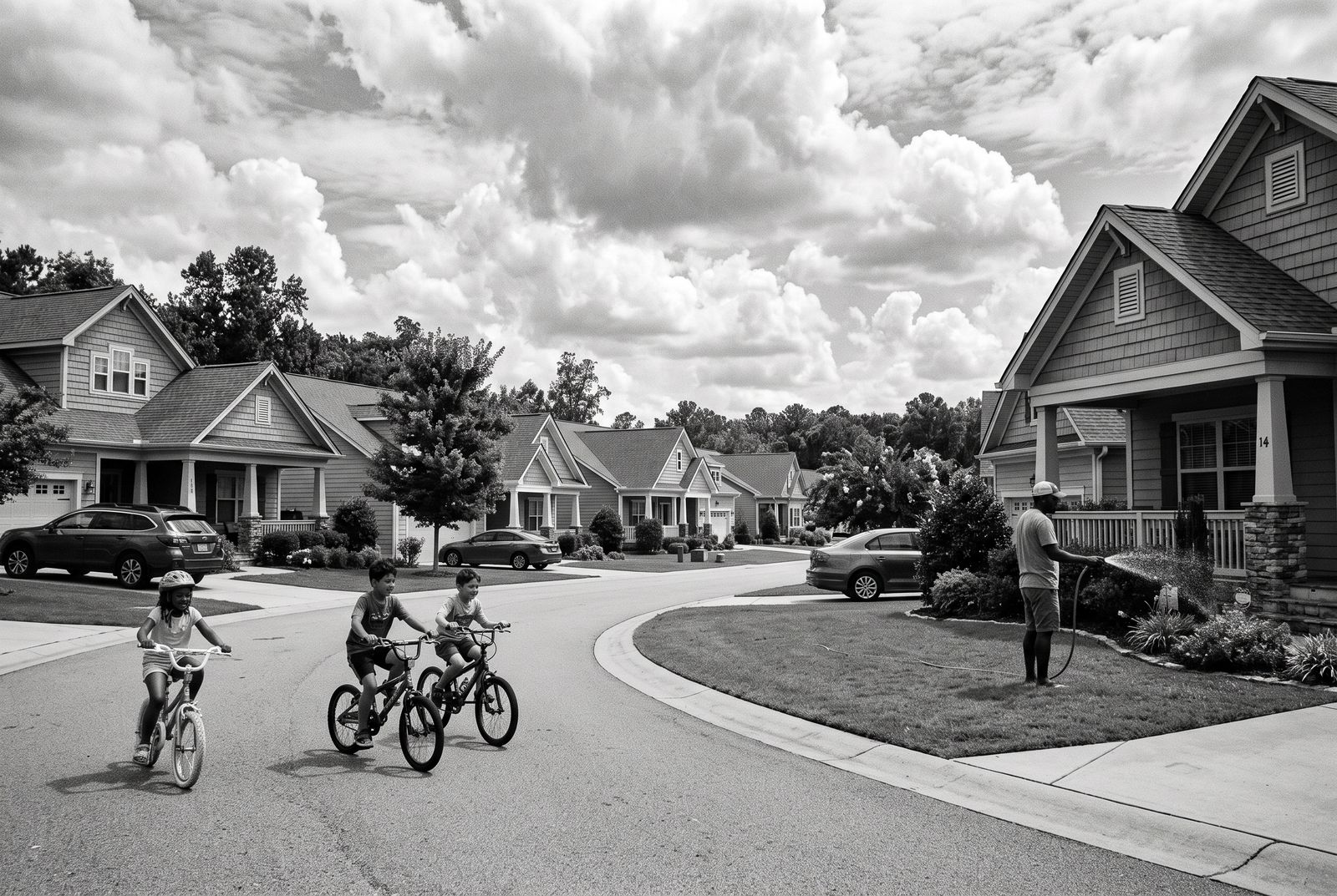 Quiet suburban street with kids riding bikes